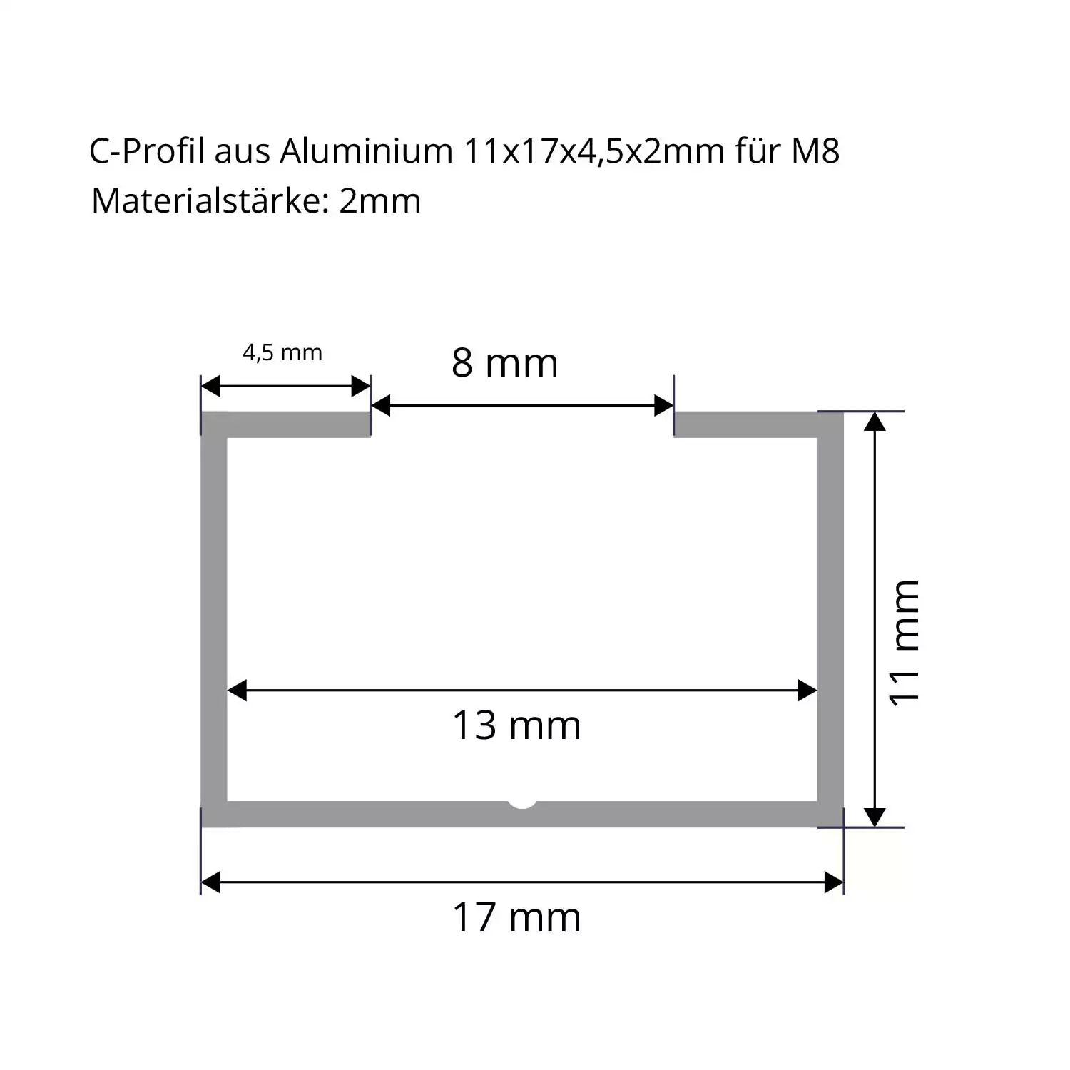 Preview: C-Profil Schwarz aus Aluminium 11x17x4 mm in 2mm Stärke Datenblatt