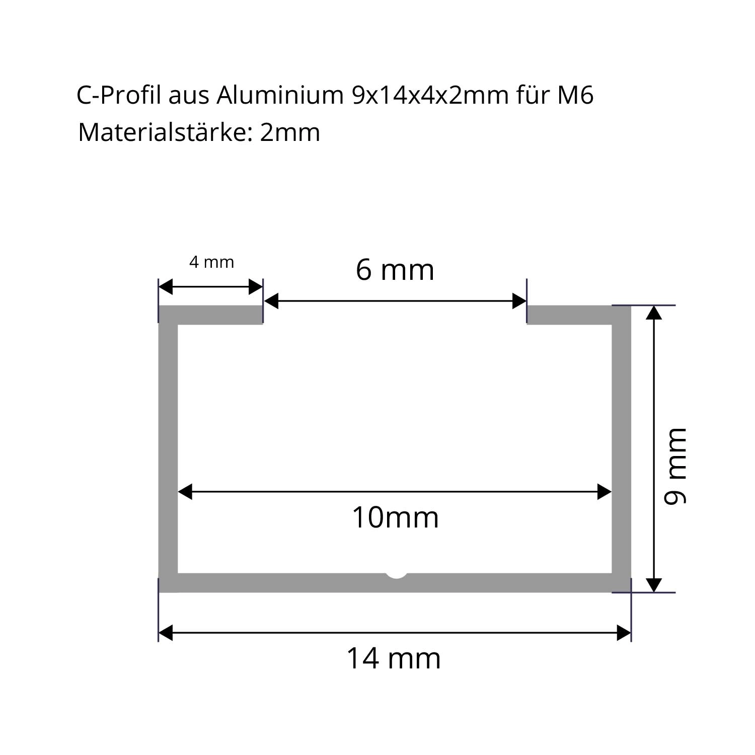 C-Profil aus Aluminium 9x14x4 mm in 2mm Stärke M6 Strichzeichnung
